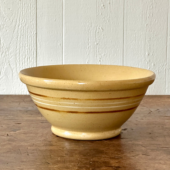 Yellowware Mixing Bowl with Brown, White Stripes