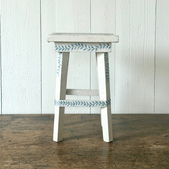 Painted Petite Vintage Accent Table with Blue Vines