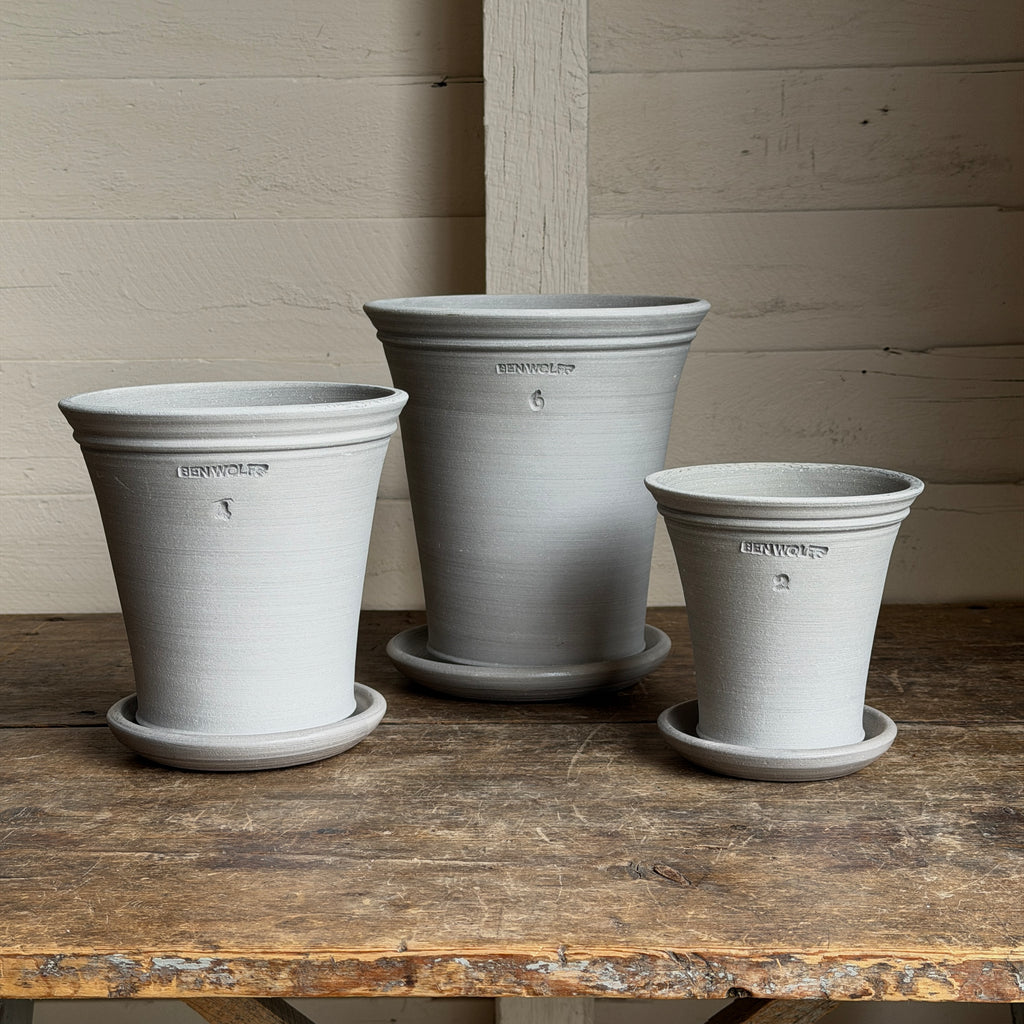 Milton Gray Pots + Saucers by Ben Wolff