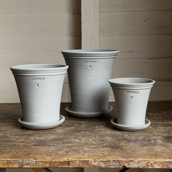 Milton Gray Pots + Saucers by Ben Wolff