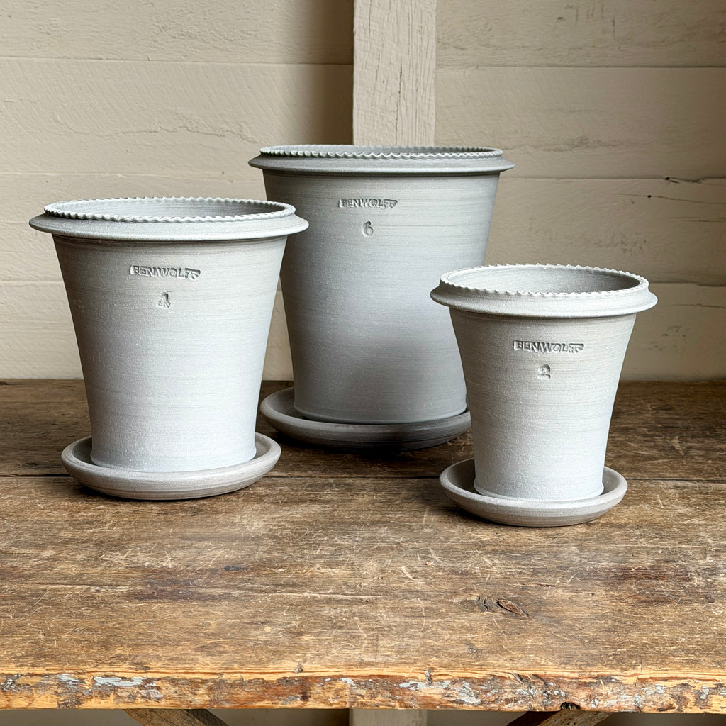 Tuscan Rim Gray Pots + Saucers by Ben Wolff