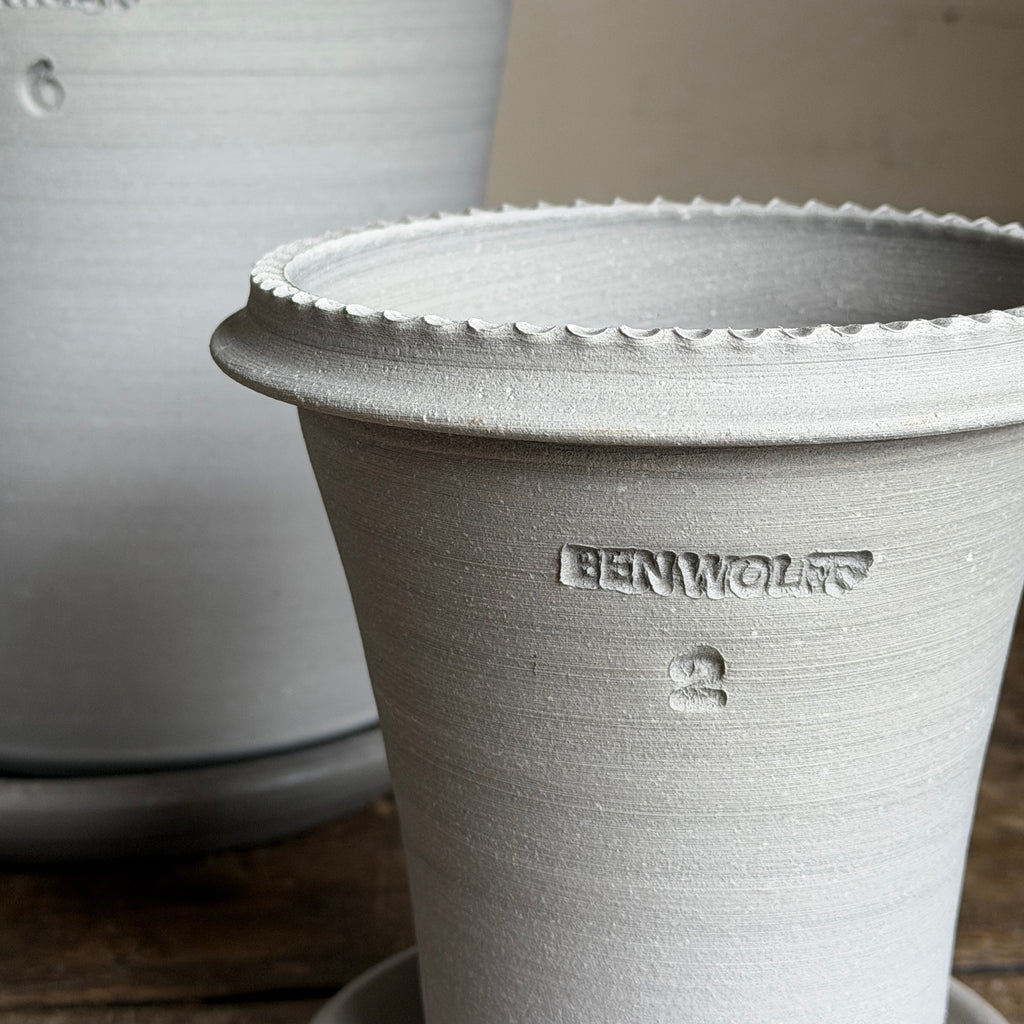 Tuscan Rim Gray Pots + Saucers by Ben Wolff