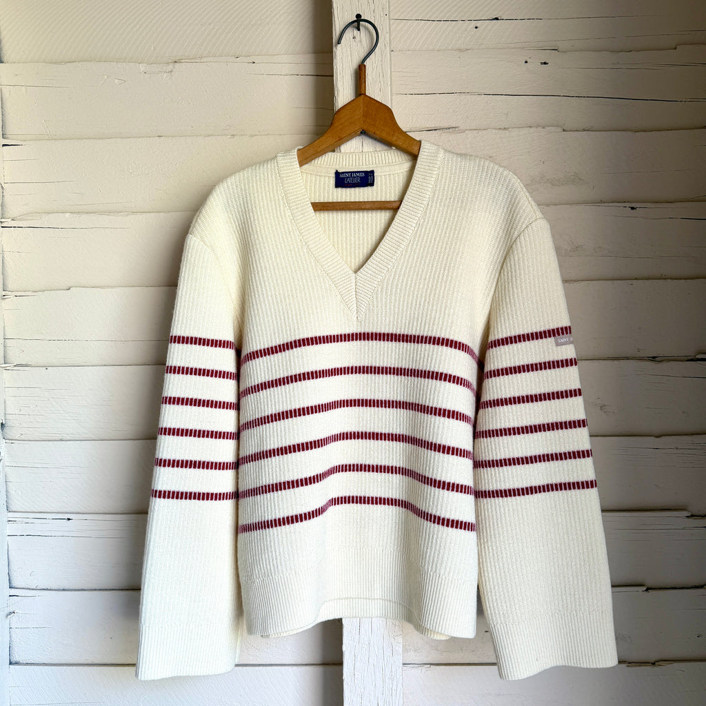 Saint James Rumilly V-neck Stripe Sweater - Ecru / Persan