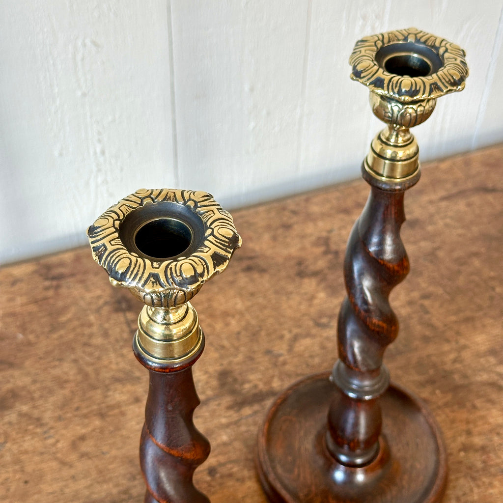 Antique English Oak Barley Twist Candlesticks