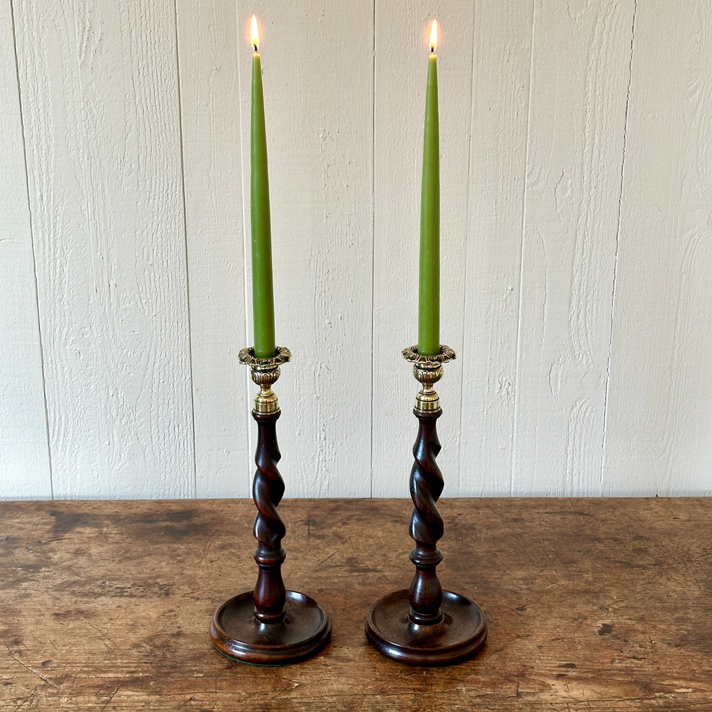 Antique English Oak Barley Twist Candlesticks