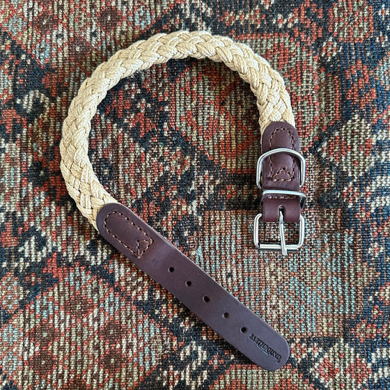 Beige Braided Nylon and Leather Dog Collar
