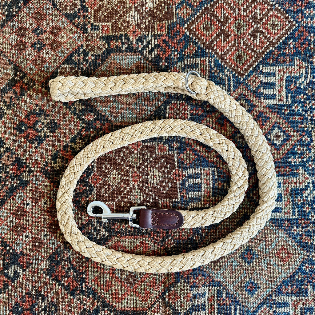 Beige Braided Nylon and Leather Dog Lead