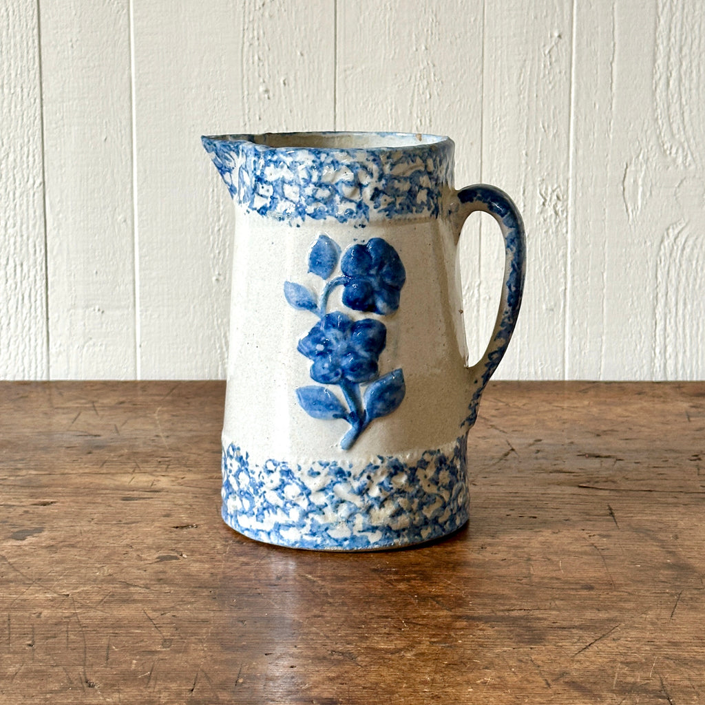 19th C Blue & White Floral Spongeware Pitcher