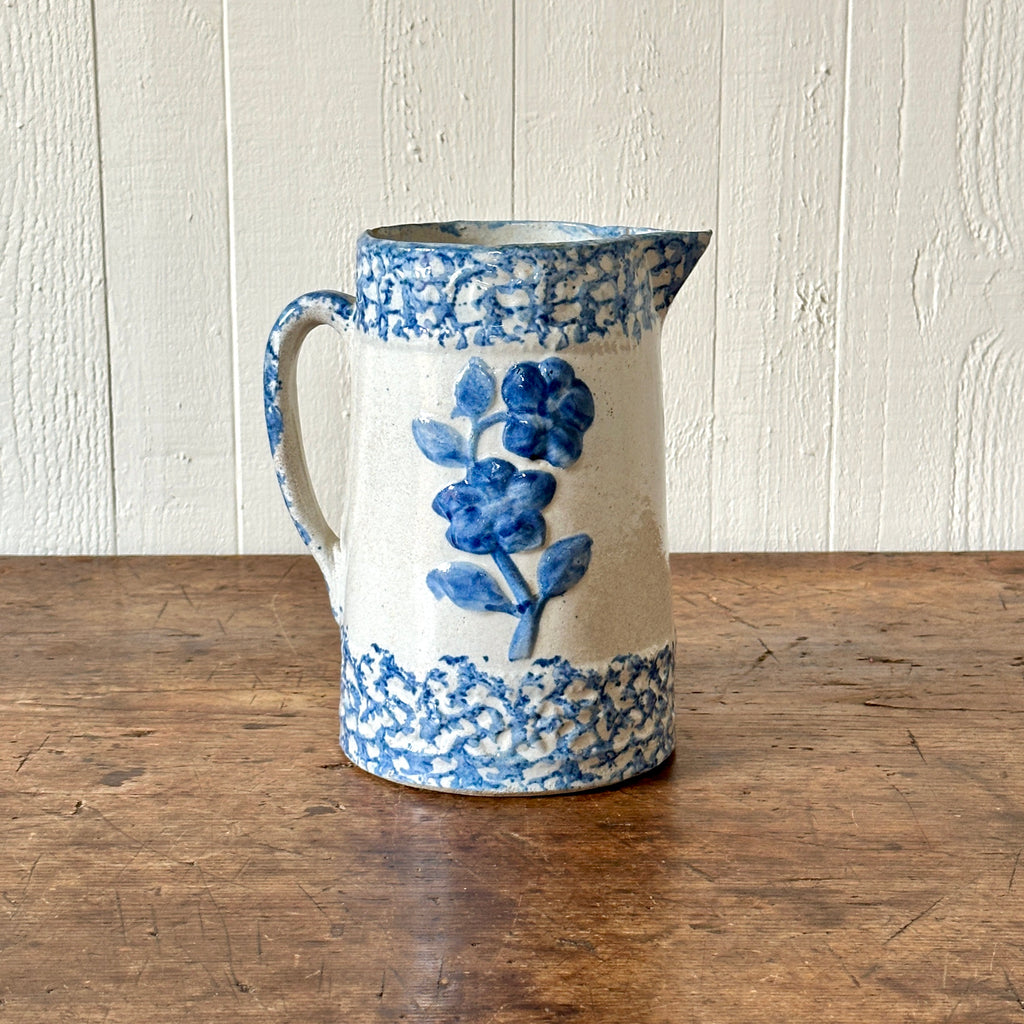 19th C Blue & White Floral Spongeware Pitcher