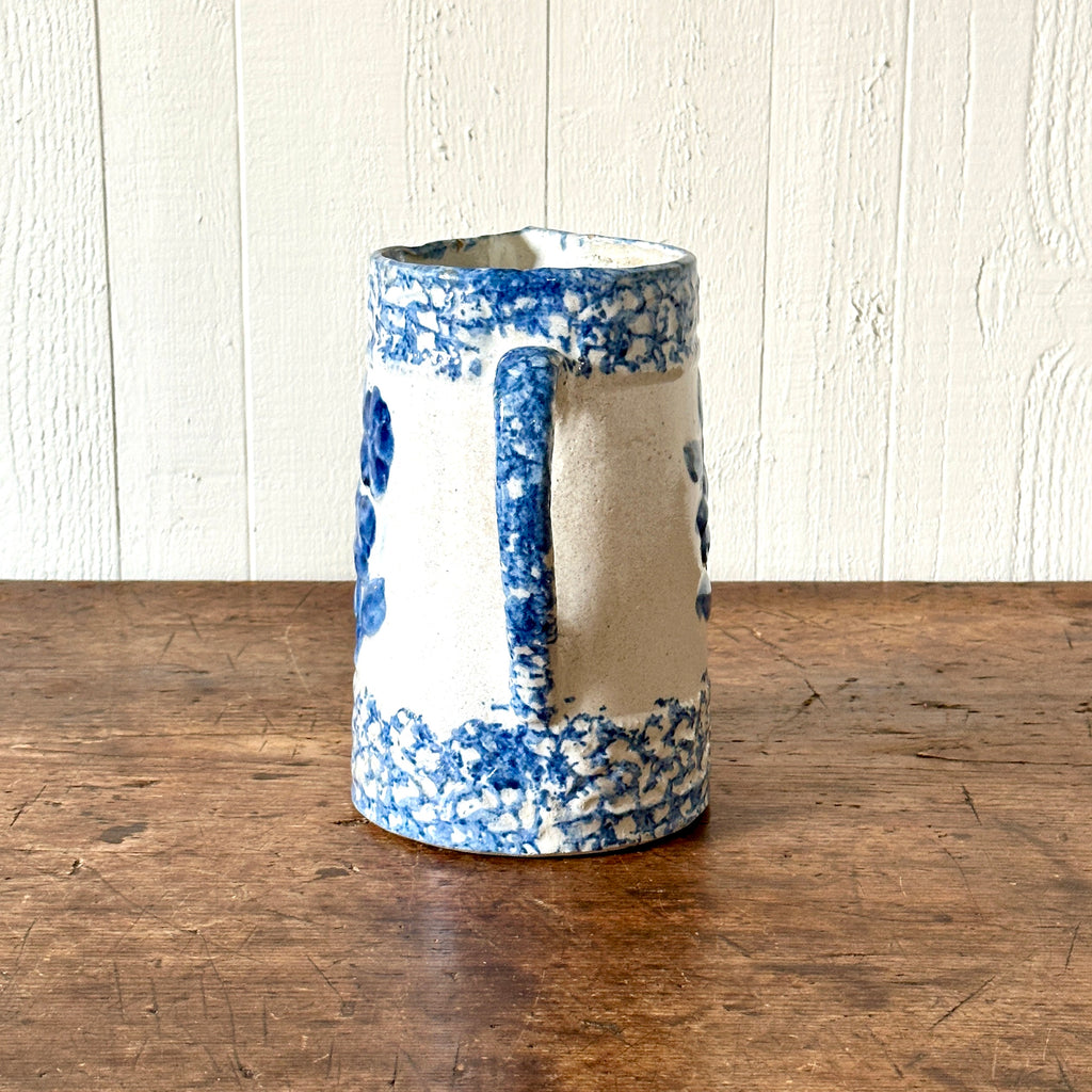 19th C Blue & White Floral Spongeware Pitcher