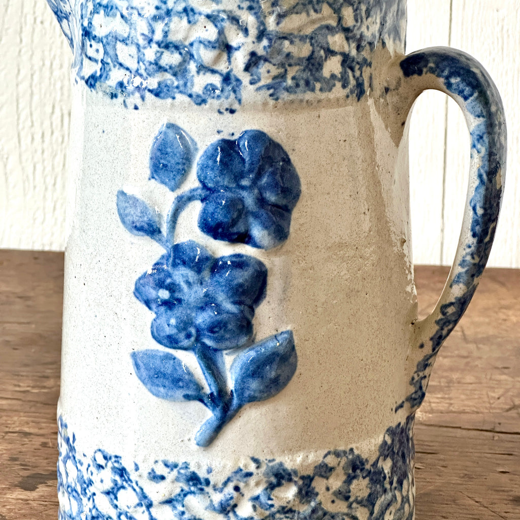 19th C Blue & White Floral Spongeware Pitcher