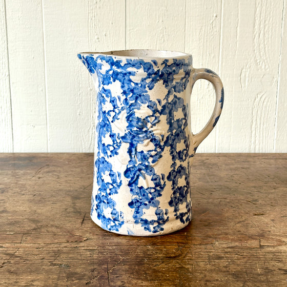 19th C Blue & White Spongeware Pitcher with Raised Flowers