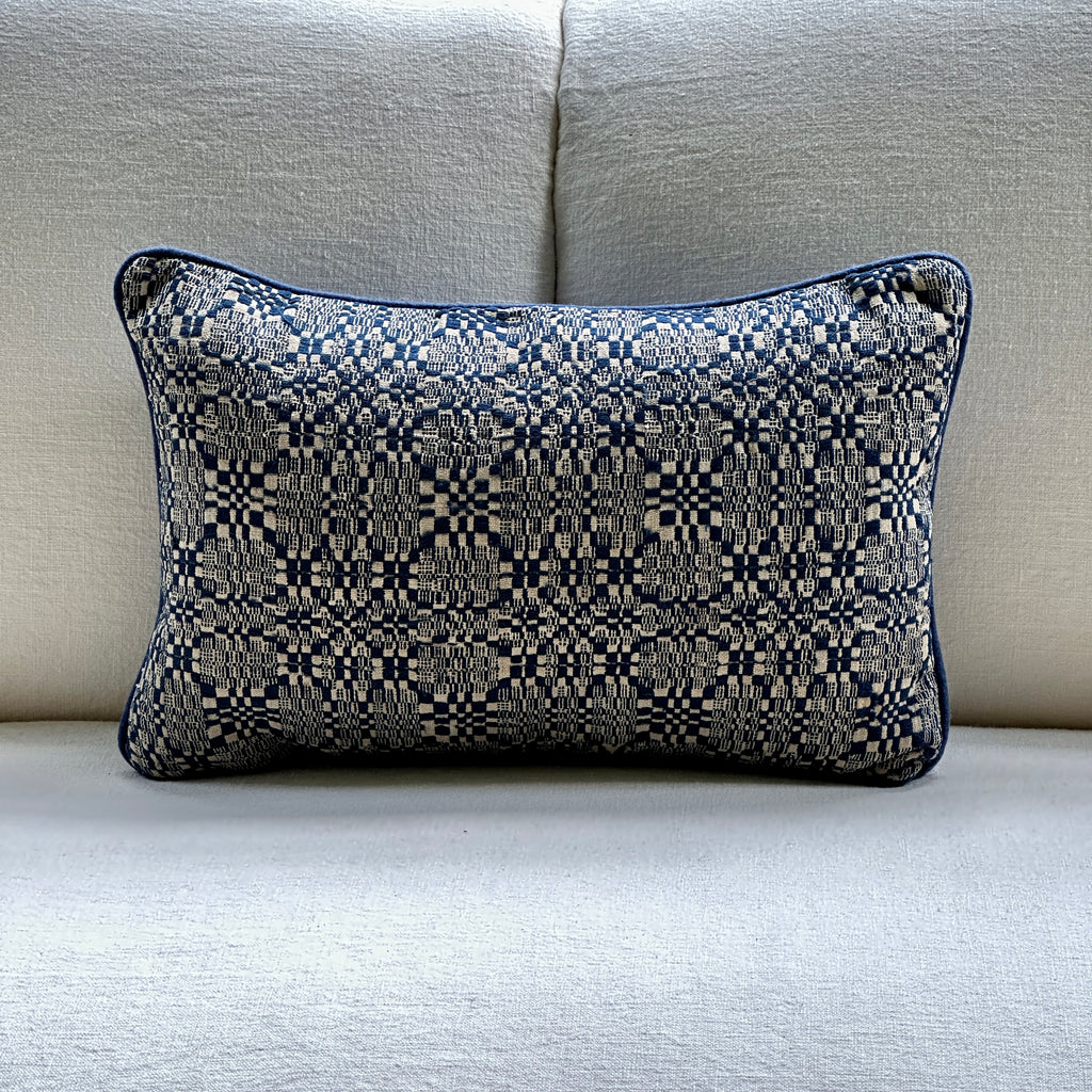 Mid 19th Century Overshot Weave Lumbar Pillow in Blue and Cream