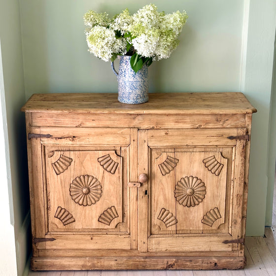 Antique Two Door Pine Cabinet with Carved Doors
