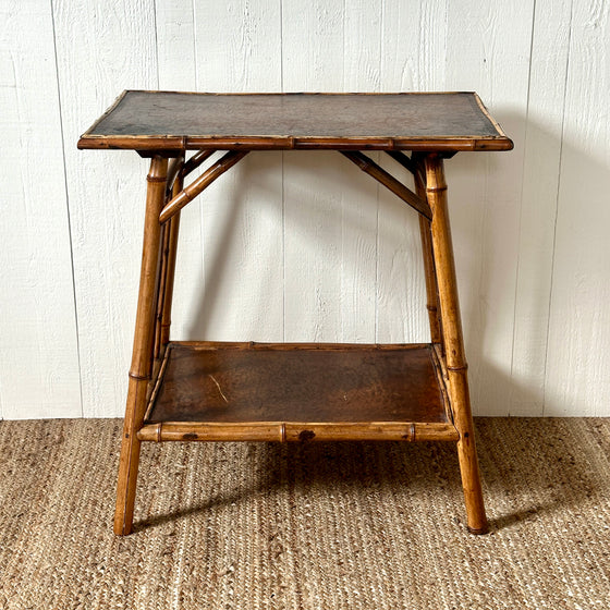 19th C Bamboo and Leather Side Table