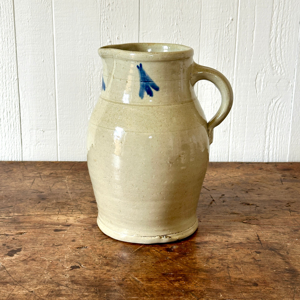 Large Antique Stoneware Jug with Blue Motifs