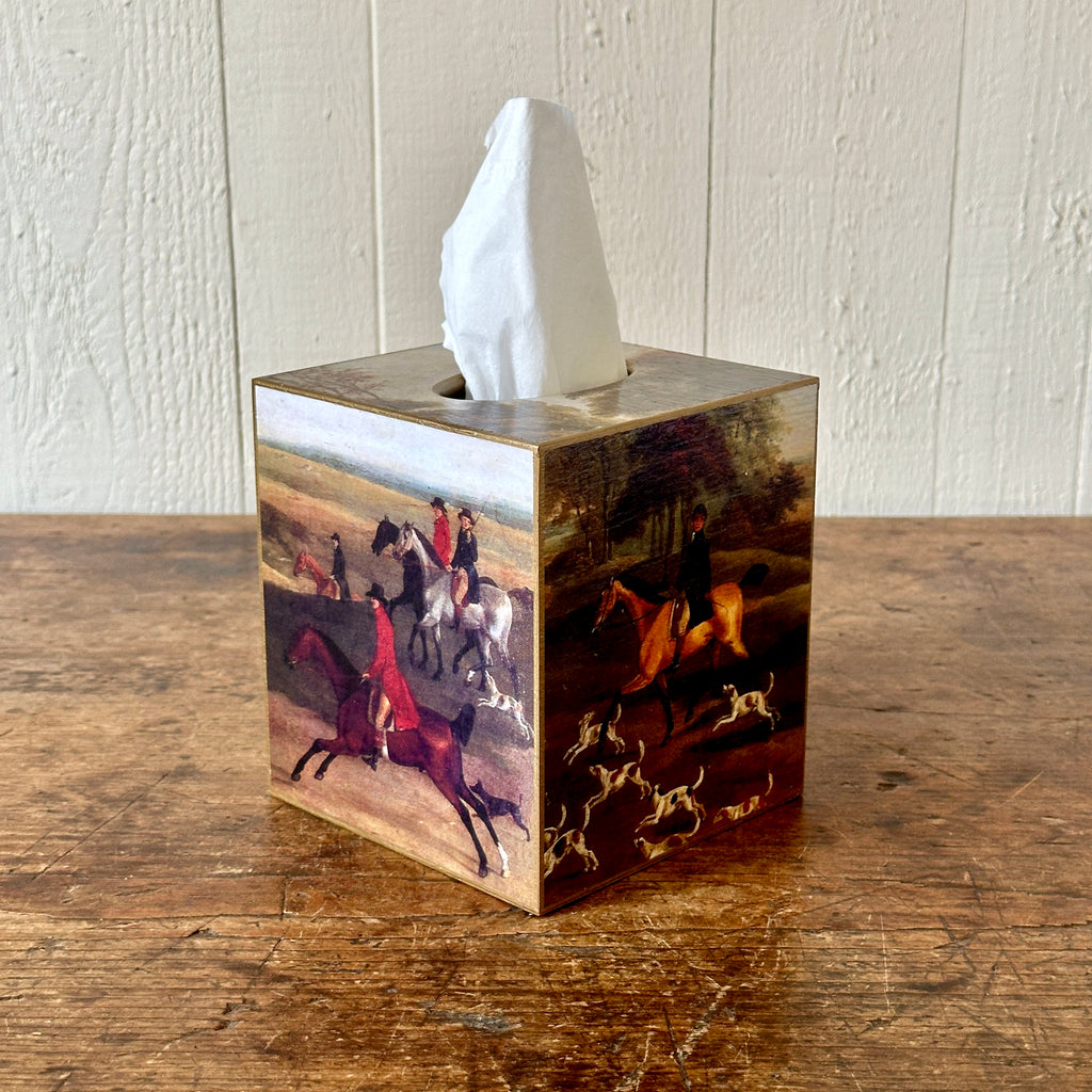 Fox Hunt Scene Wood Tissue Box Cover