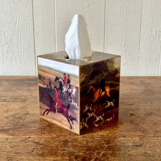 Fox Hunt Scene Wood Tissue Box Cover
