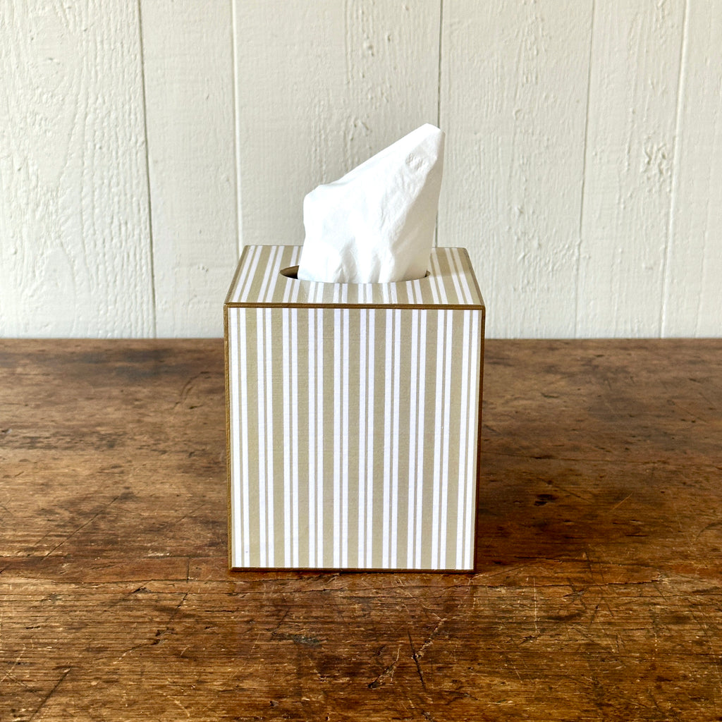 Taupe Stripe Wood Tissue Box Cover