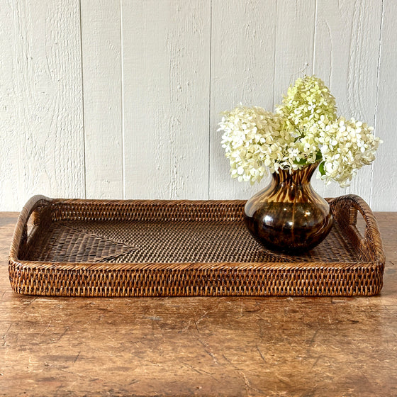 Rattan 21" Serving Tray with Handles - Antique Brown