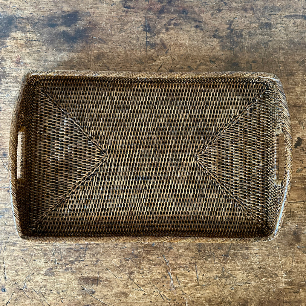 Rattan 21" Serving Tray with Handles - Antique Brown