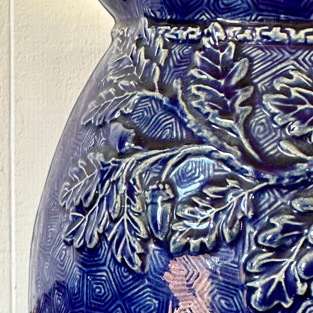 Large Cobalt Blue Glazed Pitcher with Oak Leaves and Acorns