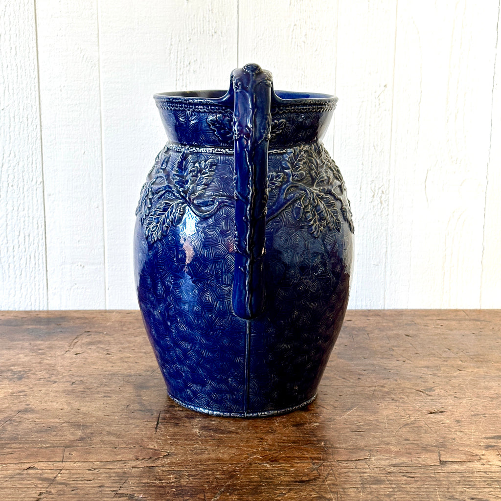 Large Cobalt Blue Glazed Pitcher with Oak Leaves and Acorns