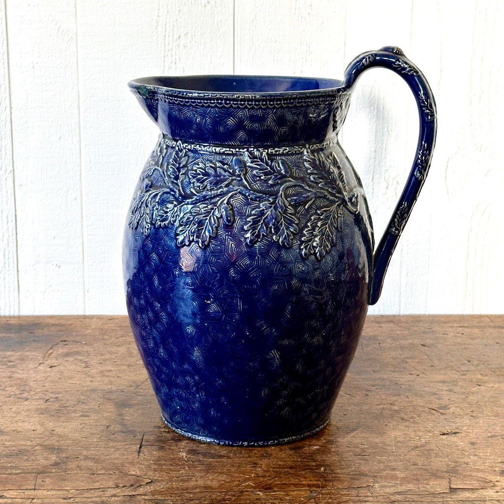 Large Cobalt Blue Glazed Pitcher with Oak Leaves and Acorns