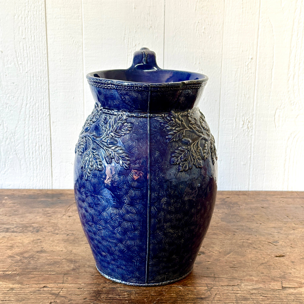 Large Cobalt Blue Glazed Pitcher with Oak Leaves and Acorns