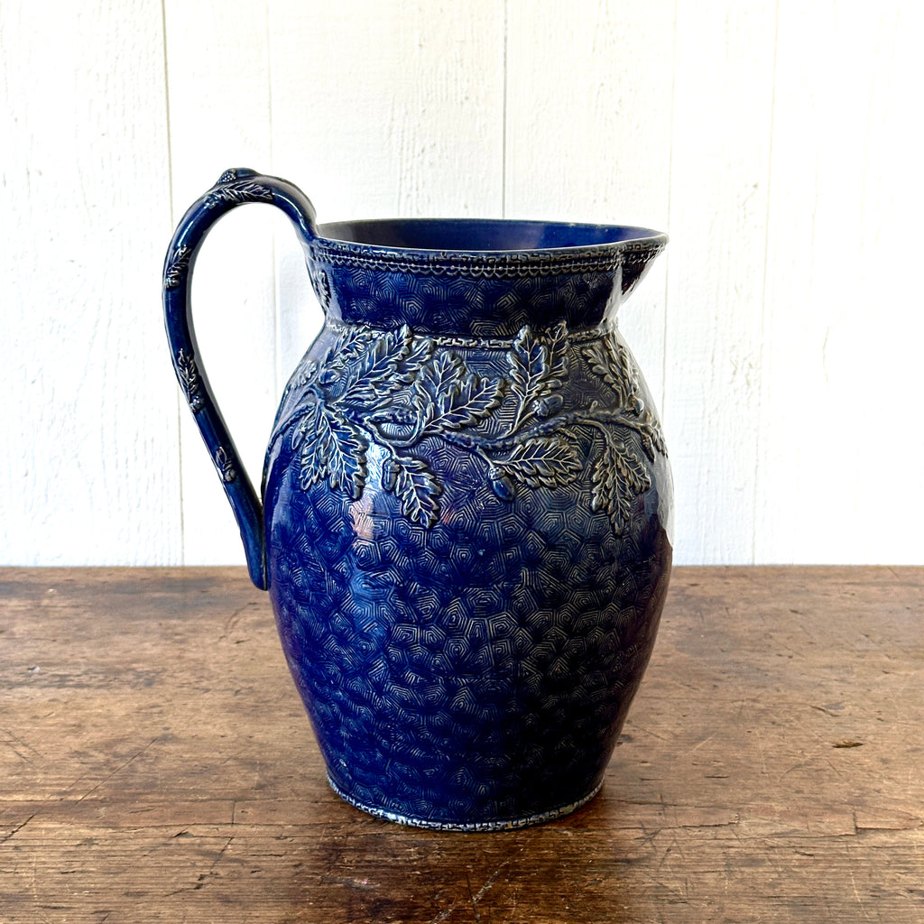 Large Cobalt Blue Glazed Pitcher with Oak Leaves and Acorns