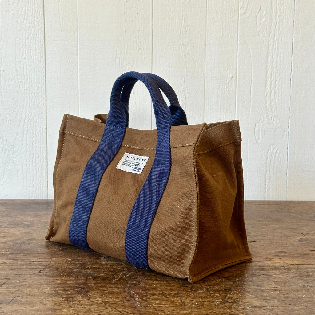 Khaki Mini Cabas Tote w/Navy Handles