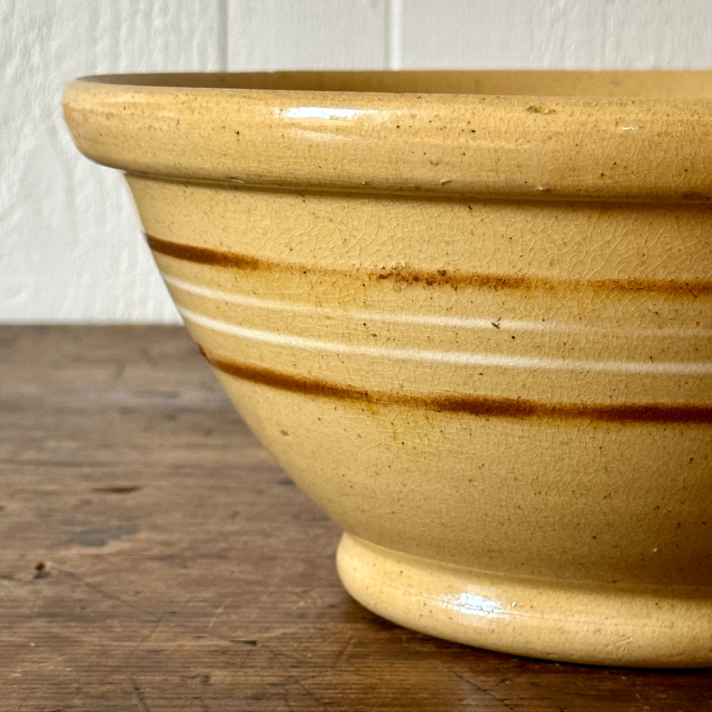 Yellowware Mixing Bowl with Brown, White Stripes
