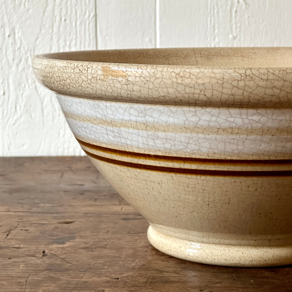 Stoneware Kitchen Bowl with White and Brown Stripes