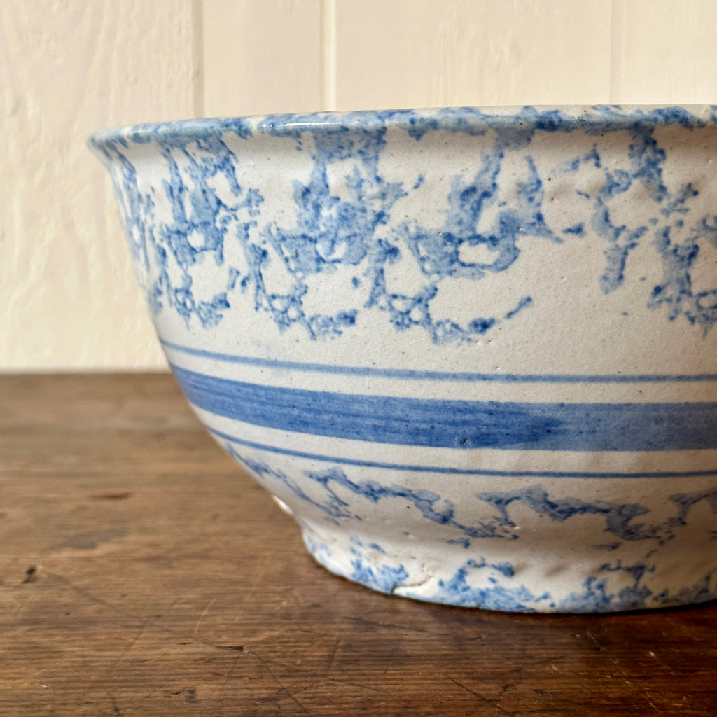 Antique 9" Blue Spongeware Bowl with Blue Stripe