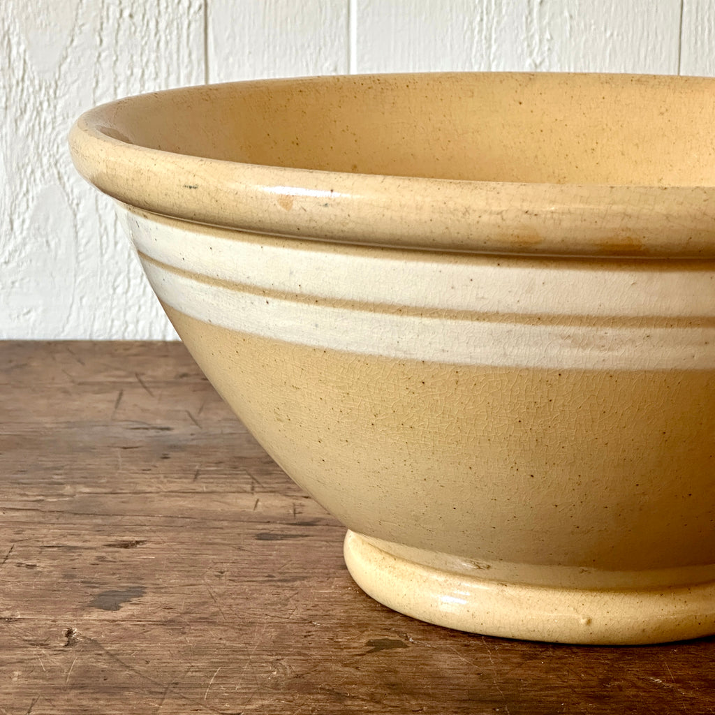 Large Antique Yellowware Bowl with Two White Bands