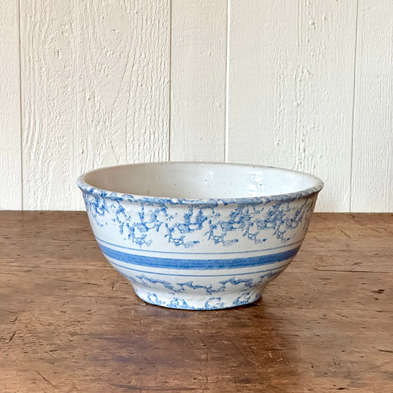 Antique 9" Blue Spongeware Bowl with Blue Stripe