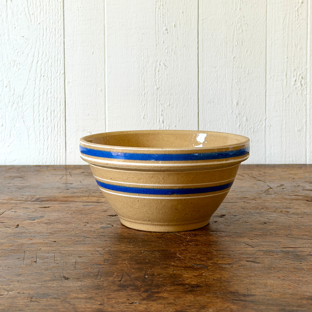 Yellowware Mixing Bowl with Blue, White Stripes