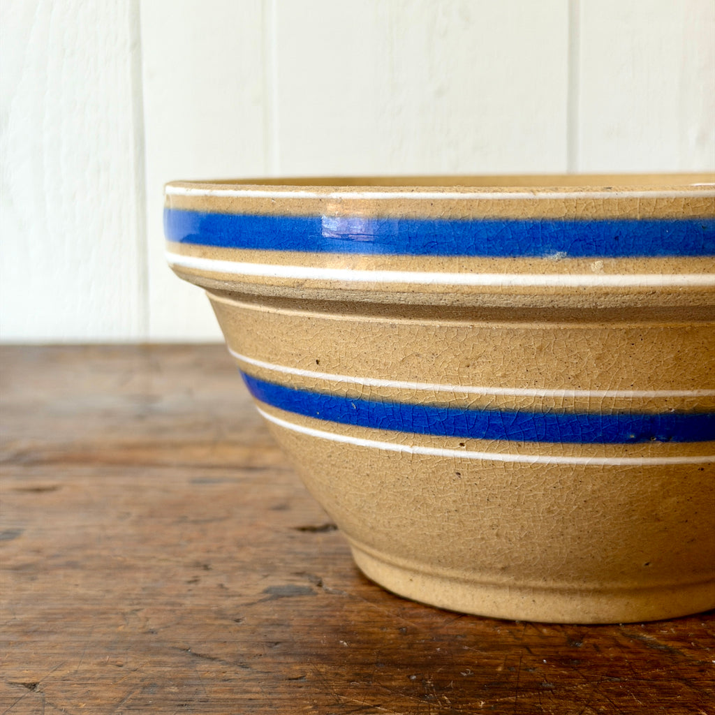 Yellowware Mixing Bowl with Blue, White Stripes