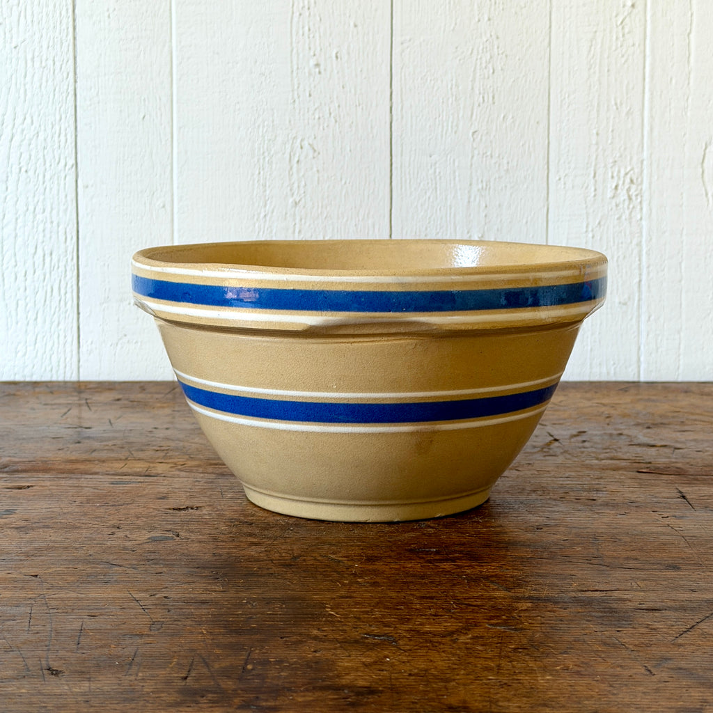 Yellowware Mixing Bowl with Blue, White Stripes