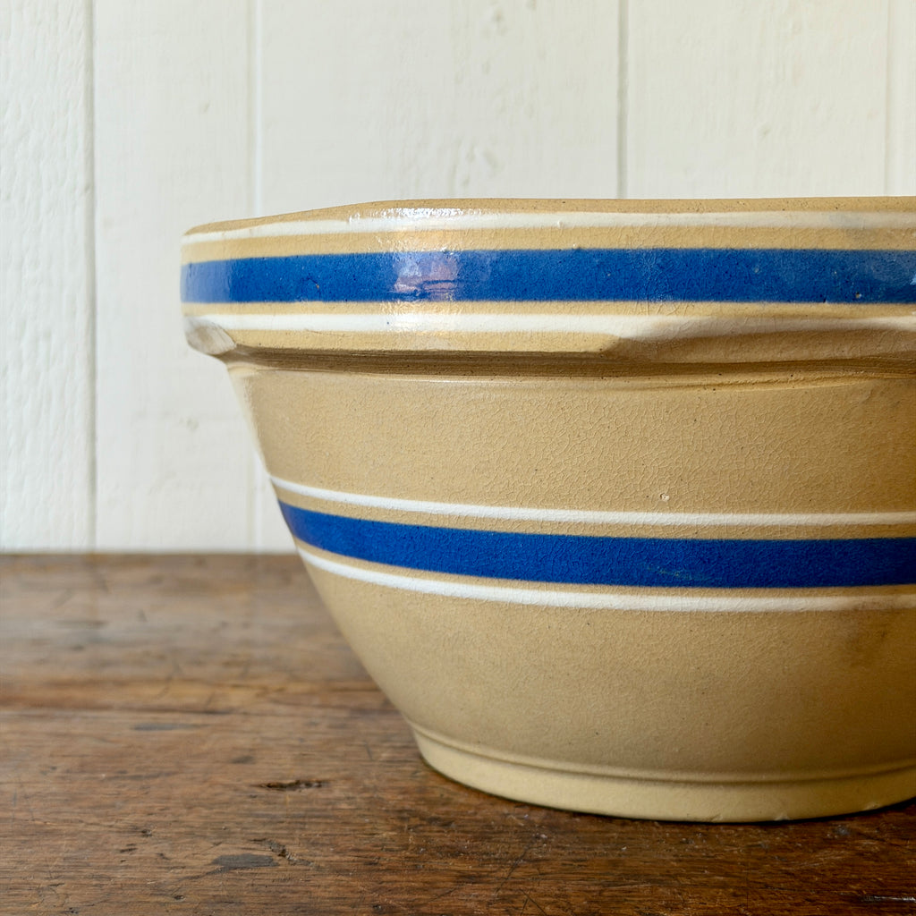 Yellowware Mixing Bowl with Blue, White Stripes