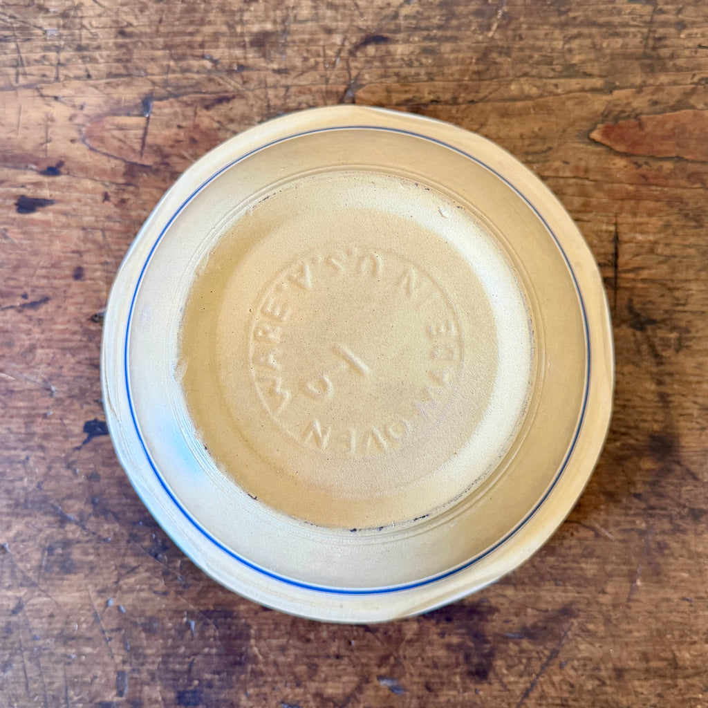 Yellowware Mixing Bowl with Blue, White Stripes