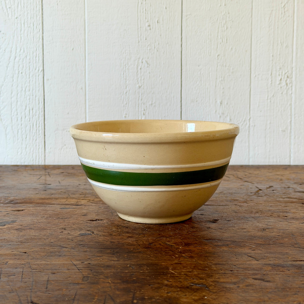 Antique Yellowware Mixing Bowl with Green & White Stripe