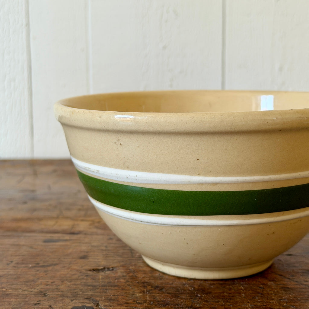 Antique Yellowware Mixing Bowl with Green & White Stripe