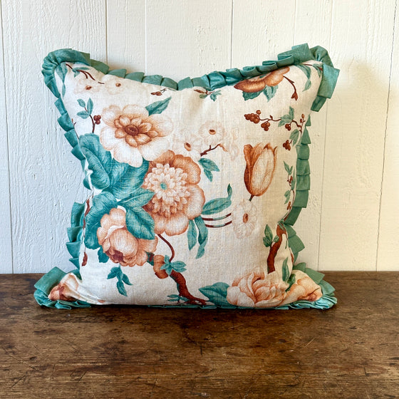 Antique English Linen Floral Throw Pillow