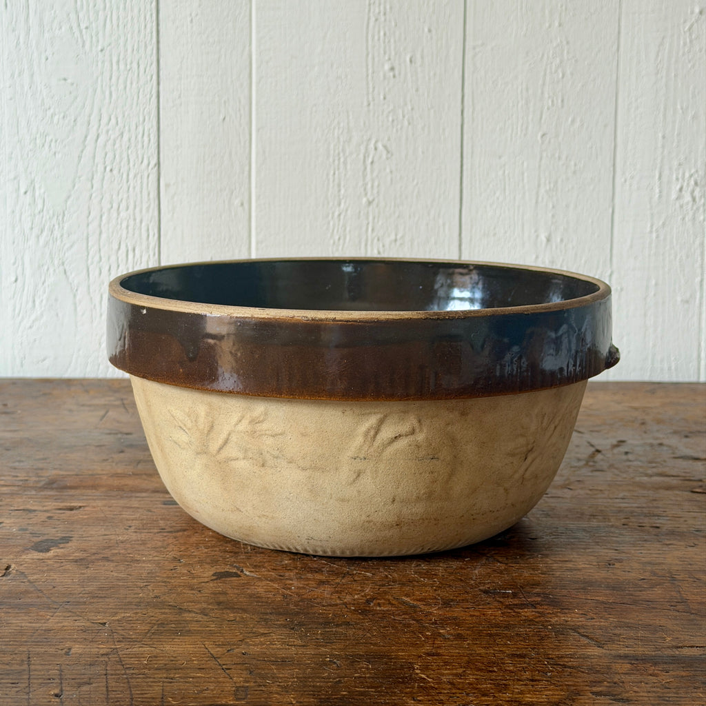 Antique Stoneware Kitchen Bowl with Brown Glazed Interior