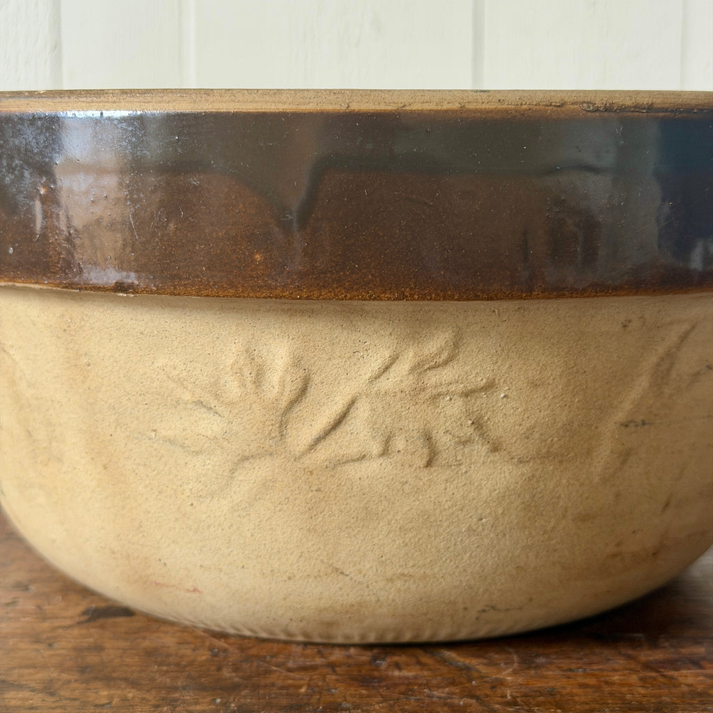 Antique Stoneware Kitchen Bowl with Brown Glazed Interior