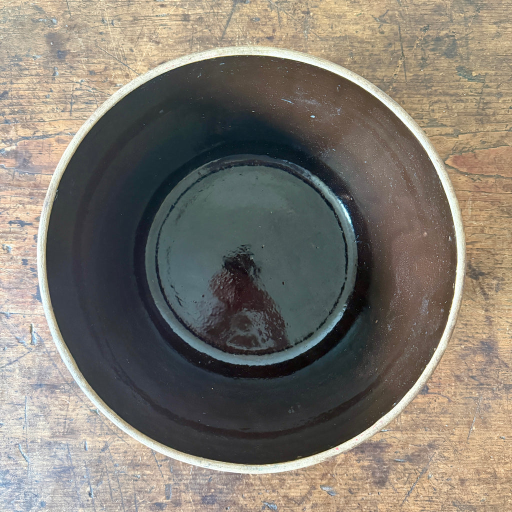 Antique Stoneware Kitchen Bowl with Brown Glazed Interior