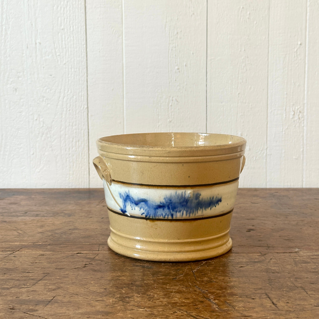 19th C Blue Seaweed Yellow Ware Pantry Crock