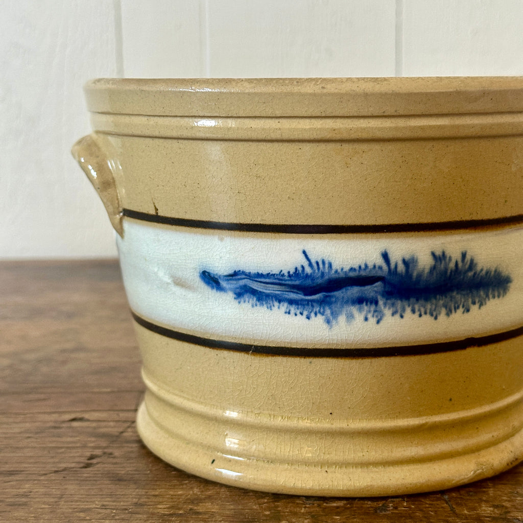 19th C Blue Seaweed Yellow Ware Pantry Crock