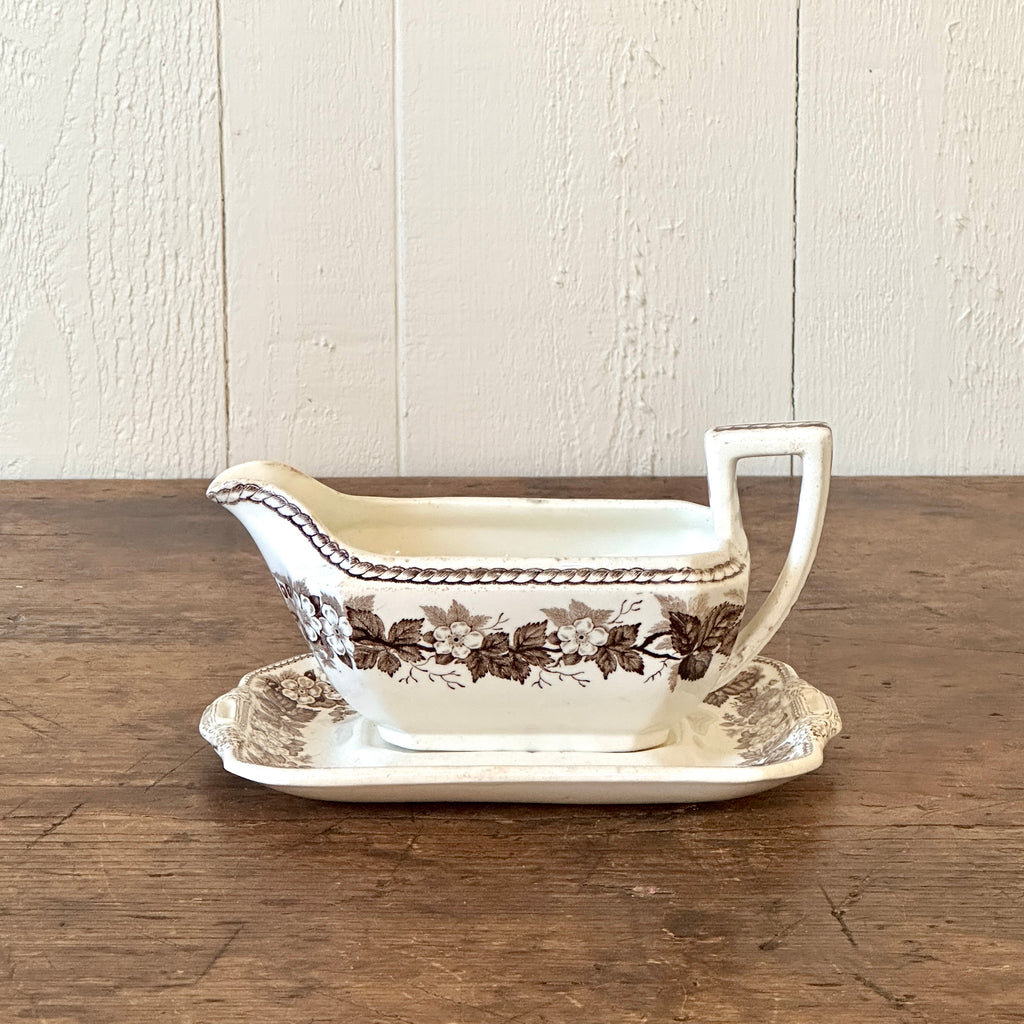 Brown Transferware Sauceboat with Under Plate